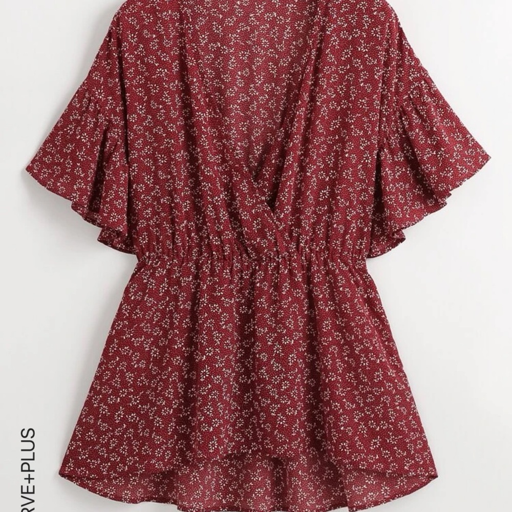 Plus Ditsy Floral Wrap Smock Blouse